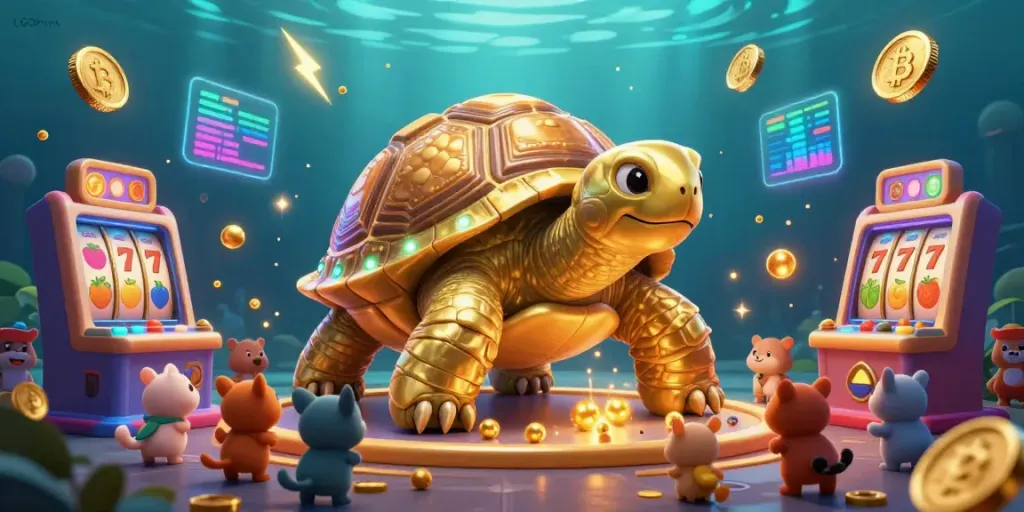 Experience exciting gaming with LGODEWA featuring a golden tortoise pinball machine amid vibrant gambling elements.