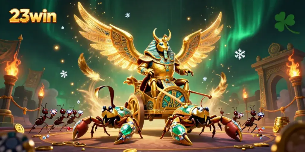 Bet on stylized 23win with an epic scene featuring a golden scarab beetle pulling a chariot amidst dramatic casino elements.
