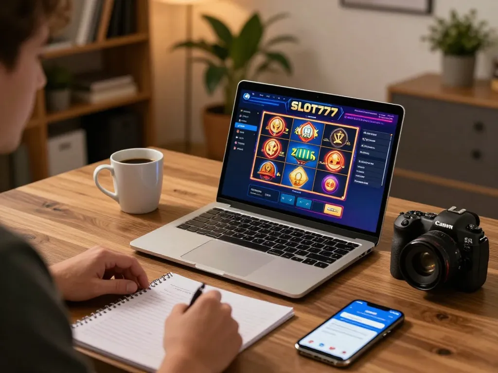 SLOT777 online gaming session with player focused on colorful slot interface, showcasing smart gaming strategies.