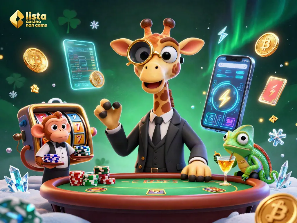 Lista casino non AAMS: giraffa high-roller al tavolo da poker con moneta Bitcoin e giochi d'azzardo.