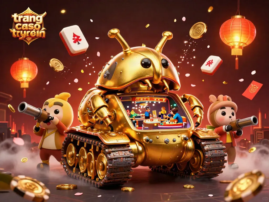 Tham gia trang chơi casino trực tuyến với xe tăng vàng và các yếu tố casino rực rỡ.