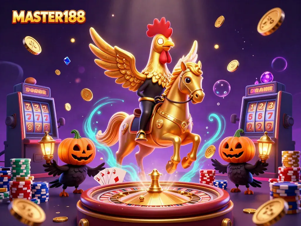 Engage in thrilling casino adventures with MASTER188 as golden rooster characters in a vibrant digital illustration.