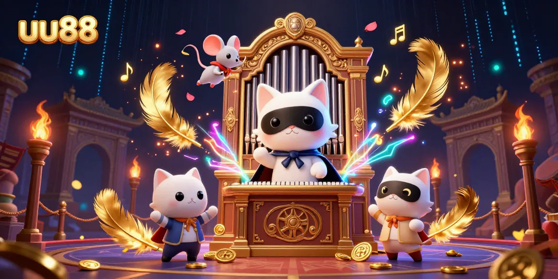 Play exciting casino games at uu88 with a vibrant 3D illustration of a phantom cat and acrobat.