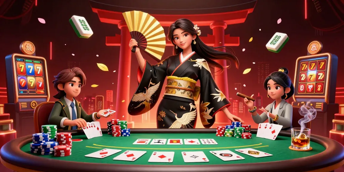 Witness the excitement of 55win with a striking scene featuring a graceful Asian woman amidst vibrant casino elements and slot reels.