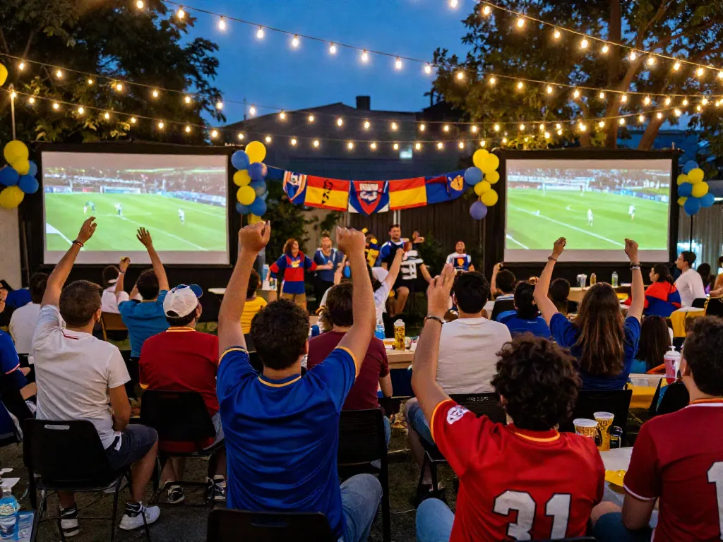 Fans celebrating at a lively outdoor football viewing party at https://cakhiatv.team/ with vibrant colors and excitement.