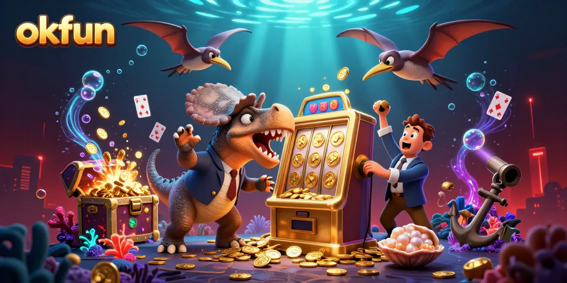 Experience the thrill at okfun as the dinosaur wins jackpot coins amidst an exciting casino scene.