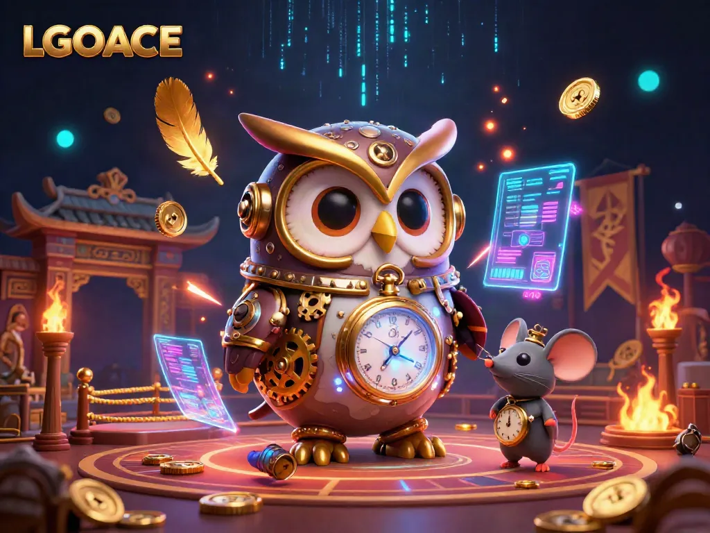 LGOACE showcases a vibrant 3D casino scene with a time-traveler owl and engaging gaming elements.