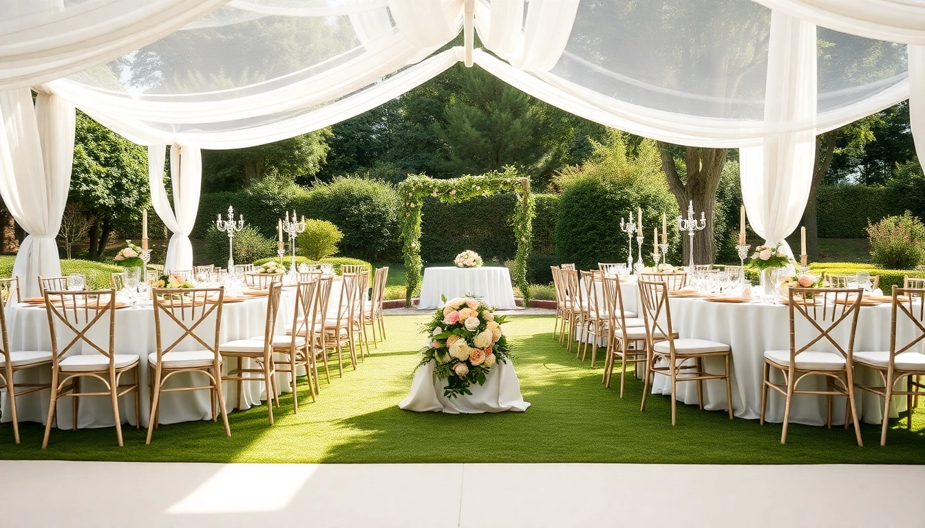 Elegant wedding tent chair & table rentals beautifully arranged outdoors.