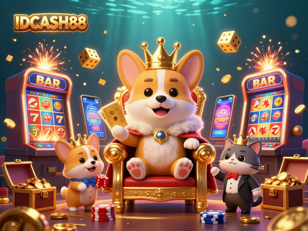 Experience thrilling gaming with IDCASH88 amid colorful casino elements and royal corgi characters.
