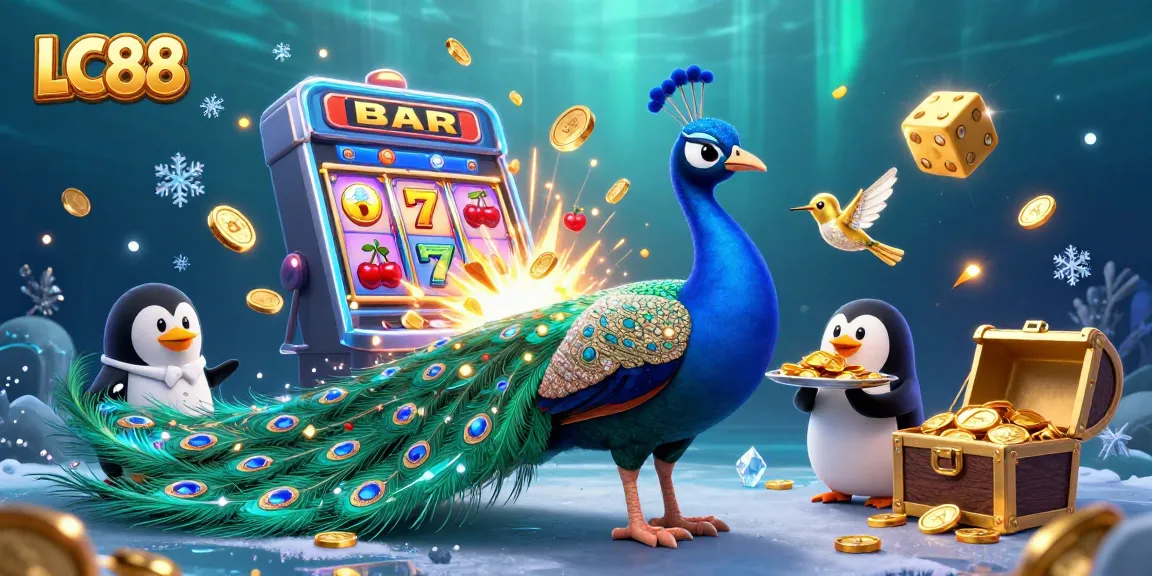 Experience thrilling gameplay at LC88 with a dynamic and colorful casino scene featuring a peacock, penguin, and hummingbird.