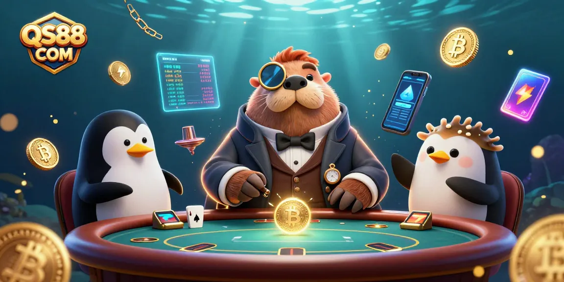 Experience thrilling poker action at QS88 COM with a jolly walrus, penguin dealer, and pufferfish bluffing.