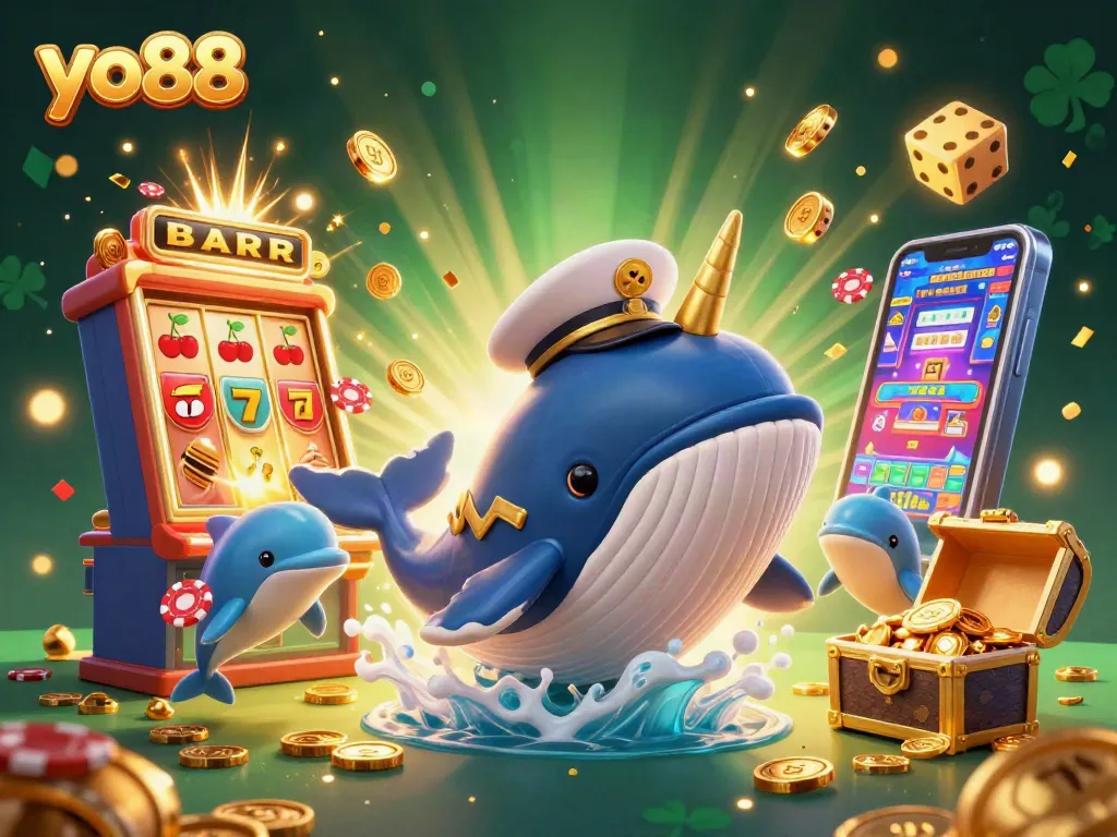 Experience thrilling gameplay at yo88 with a whale, narwhal, and dolphins amidst rich casino elements.