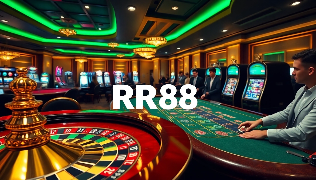 Experience the thrill at RR88 with vibrant casino tables, exciting slot machines, and colorful chips.
