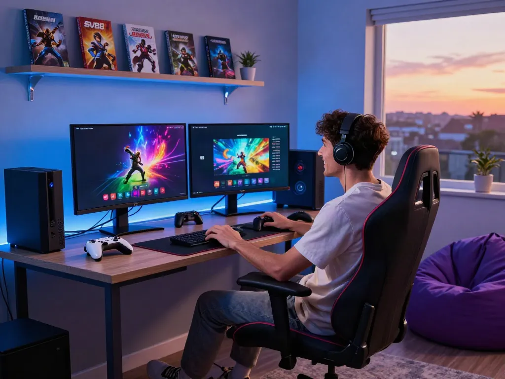 Excited gamer enjoying SV88's gaming platform in a cozy setup with vibrant lighting.