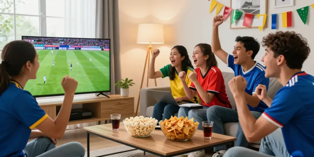 Group of friends enjoying a football match at home, showcasing excitement for https://cakhiatvvn.jpn.com/ with snacks and team jerseys.