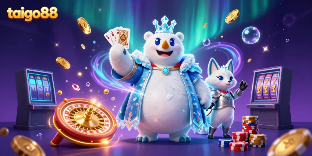 Experience the excitement at taigo88 with a vibrant 3D depiction of gaming elements, including golden coins and roulette.