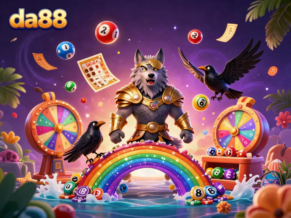 Experience thrilling gameplay with da88 at a dynamic casino scene featuring a Norse wolf and lottery elements.