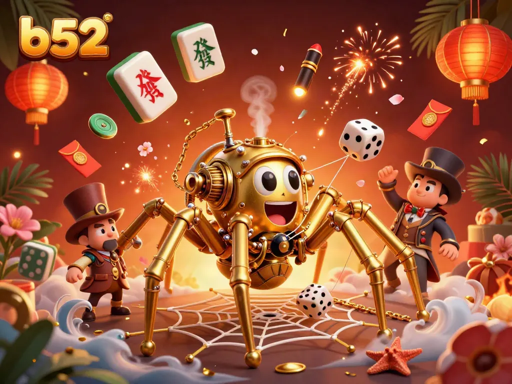 Engage with b52 in this vibrant casino-themed scene full of steampunk elements and dynamic game symbols.