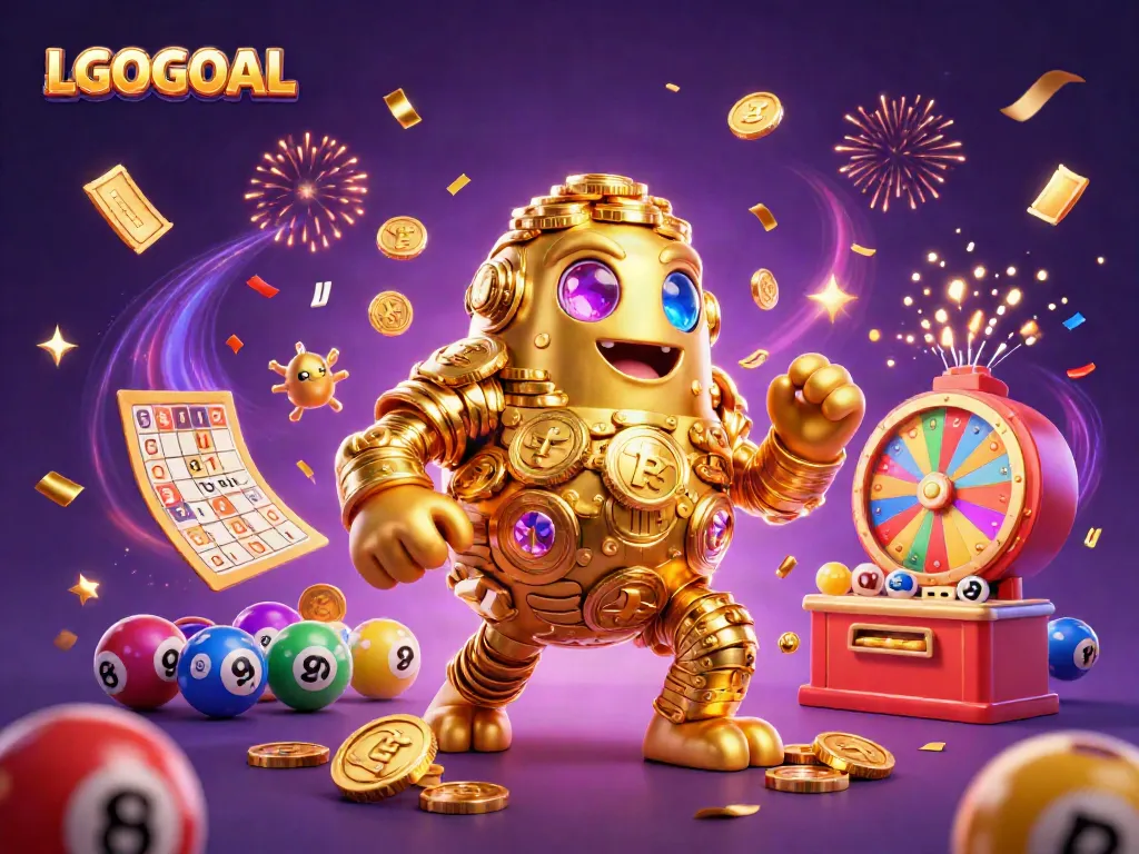 Engage with LGOGOAL's vibrant gaming scene featuring a golden golem, lottery elements, and a festive atmosphere.