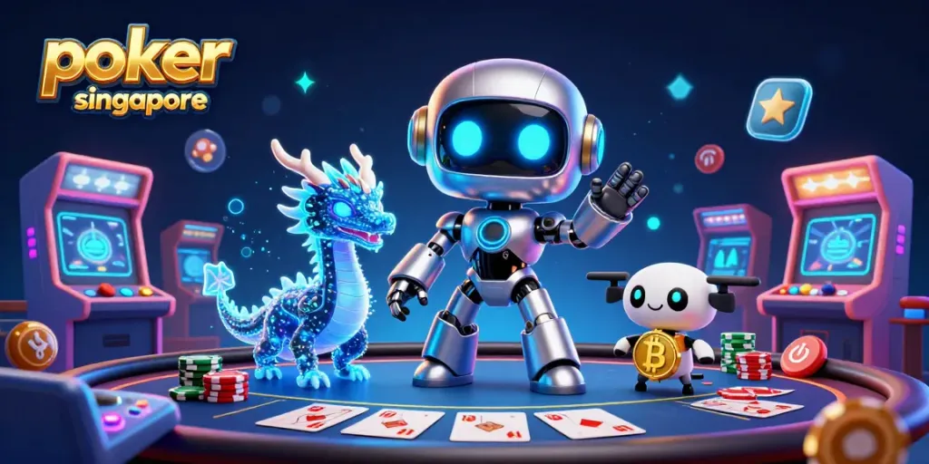 Experience poker online Singapore through an ultra-detailed 3D scene featuring vibrant characters and gaming elements.