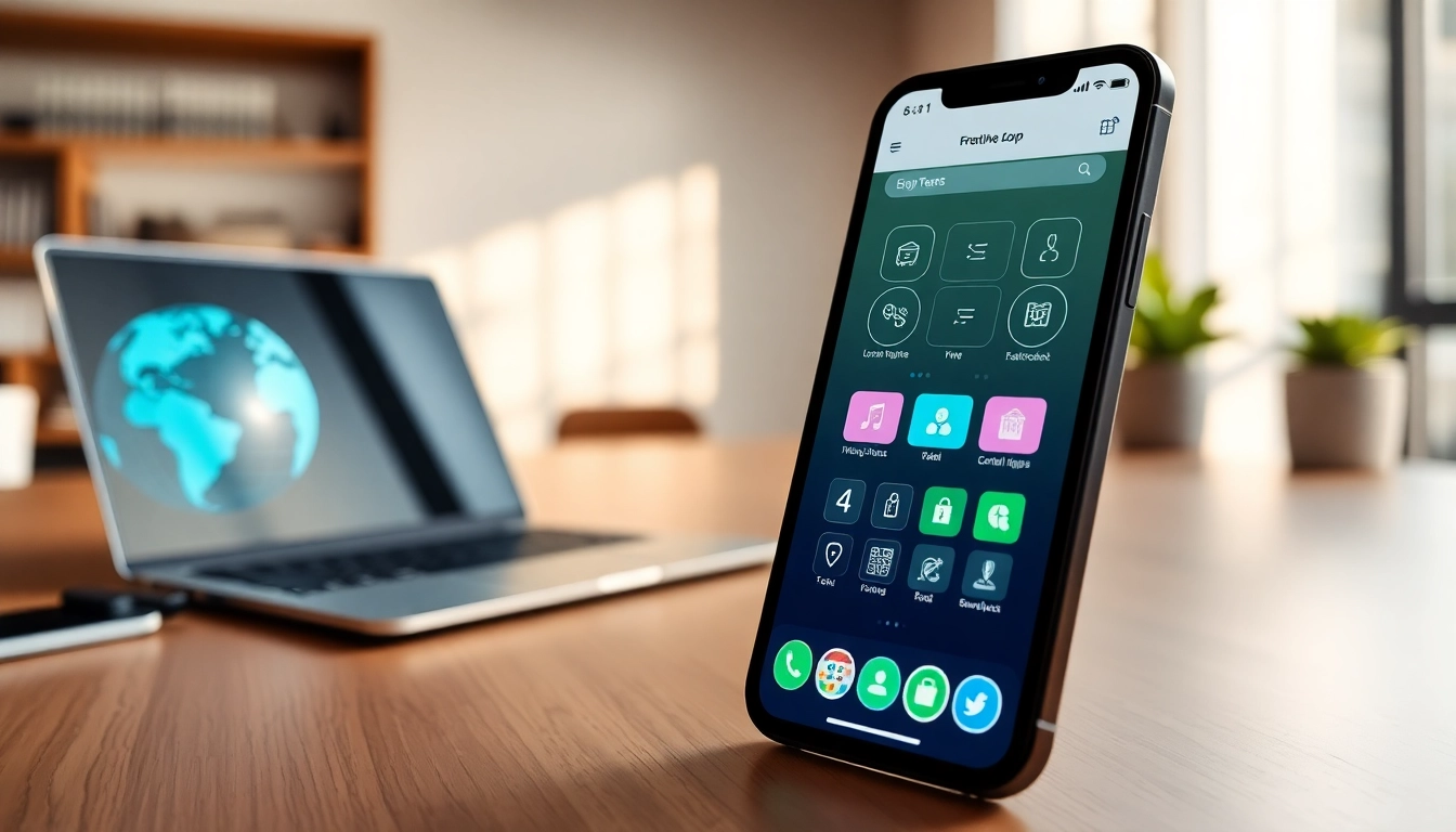快连下载 app interface displayed on a smartphone in a modern workspace, showcasing global connectivity.