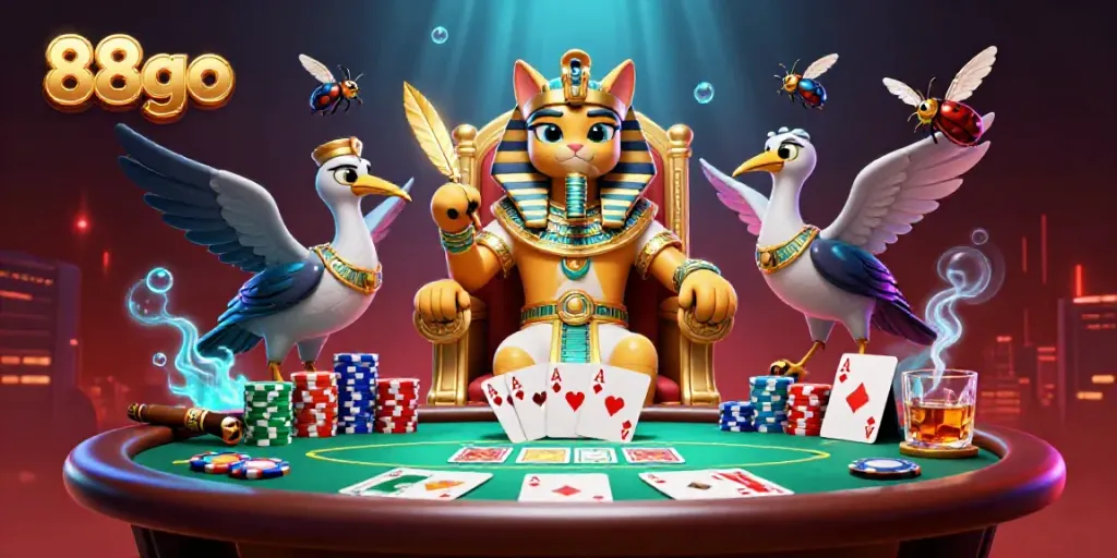 88go showcases a pharaoh cat and ibis scribe amid vibrant casino elements, symbolizing top gaming.