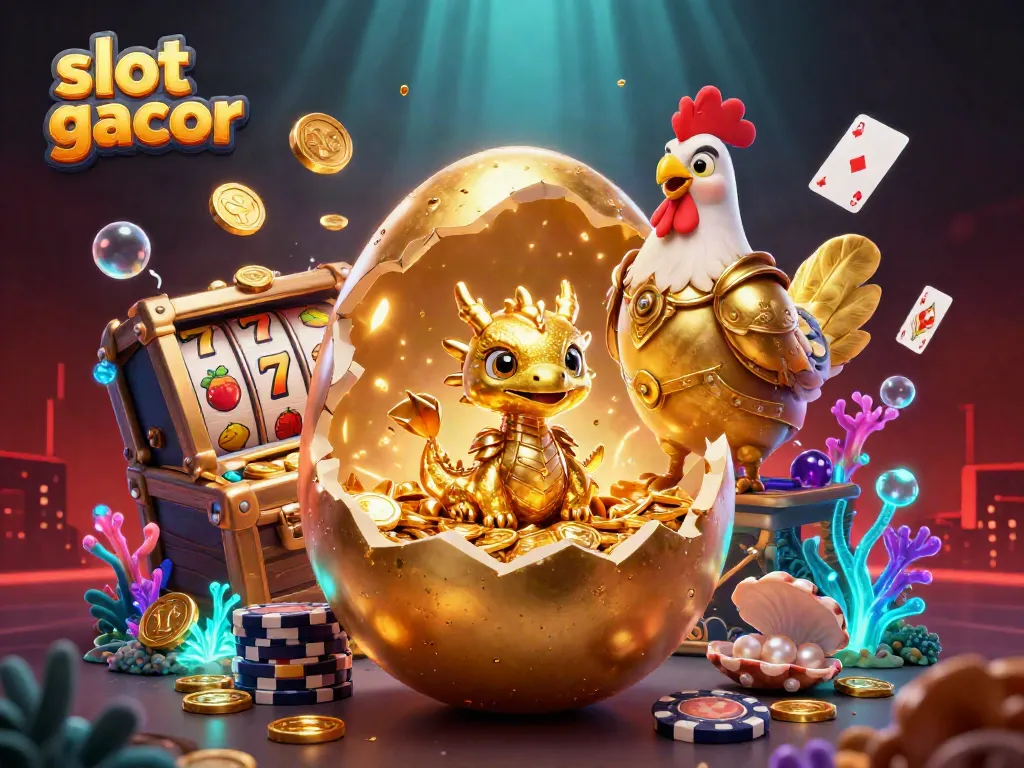 Experience thrilling slot gacor action in this vibrant 3D casino illustration featuring a golden dragon and poker chips.