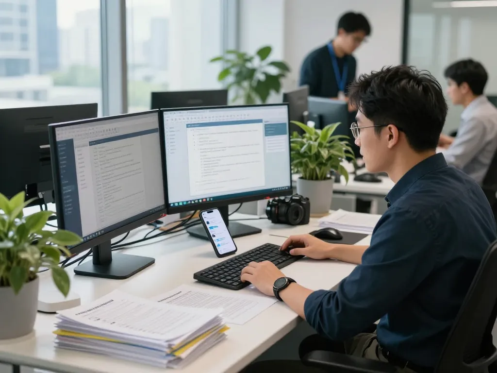 专业翻译人员在现代办公室工作空间中利用有道词典提升多语言沟通能力。