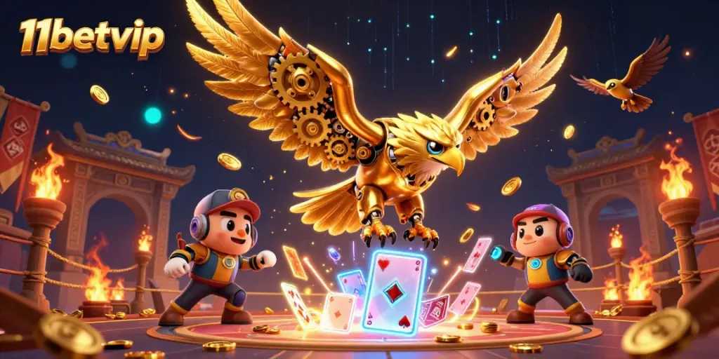 Engage with thrilling bets at 11betvip, featuring an electrifying 3D scene of a golden eagle amidst casino action.
