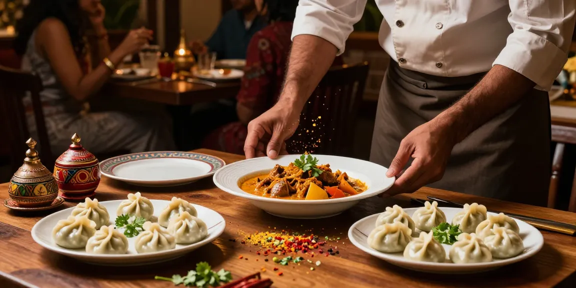 Delicious rokok88 curry dish and momo dumplings plated beautifully in a cozy restaurant setting.