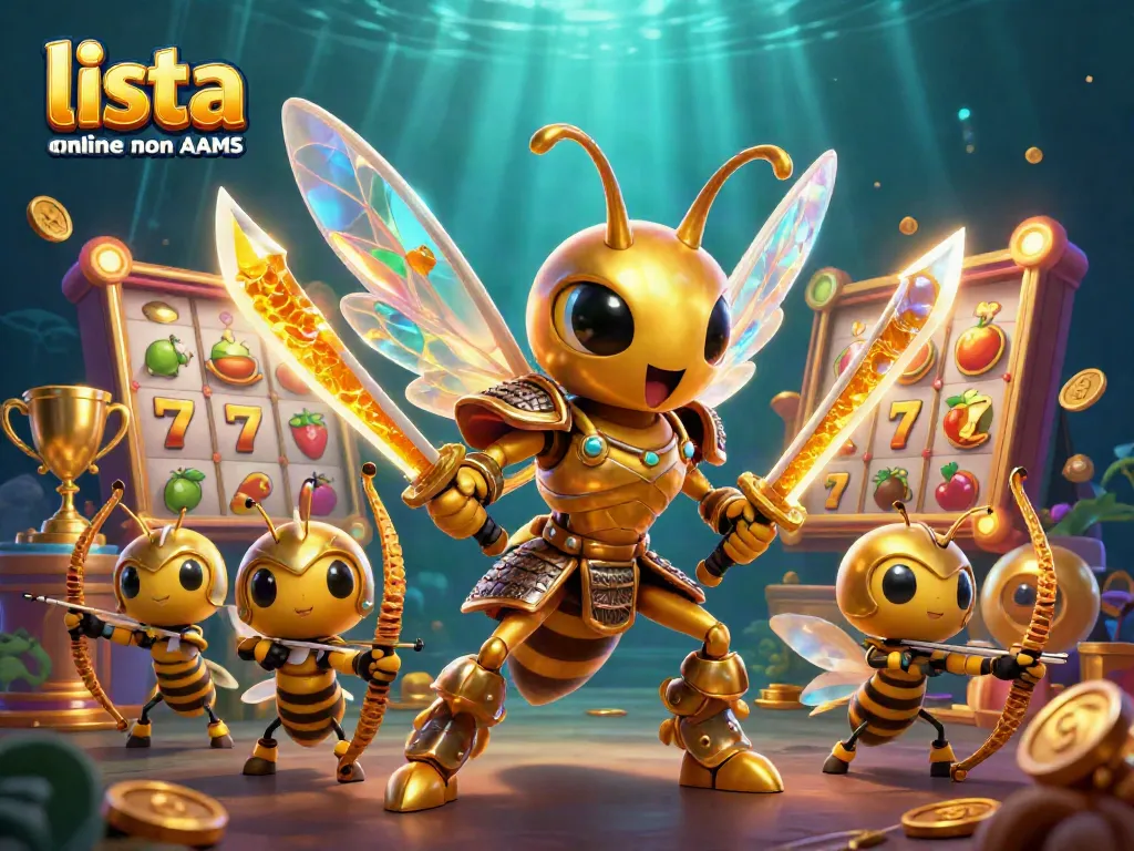 Scopri la lista casino online non AAMS con un'illustrazione vibrante di un'ape samurai e avventure ludiche.