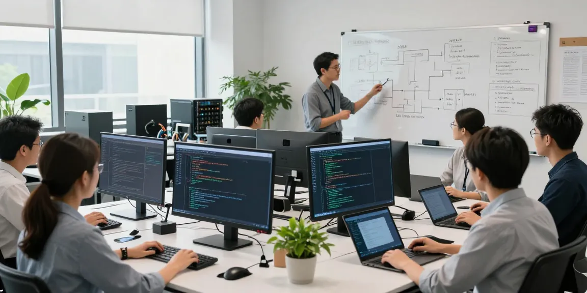 Collaborative enterprise AI team analyzing models and strategies in a modern tech lab.