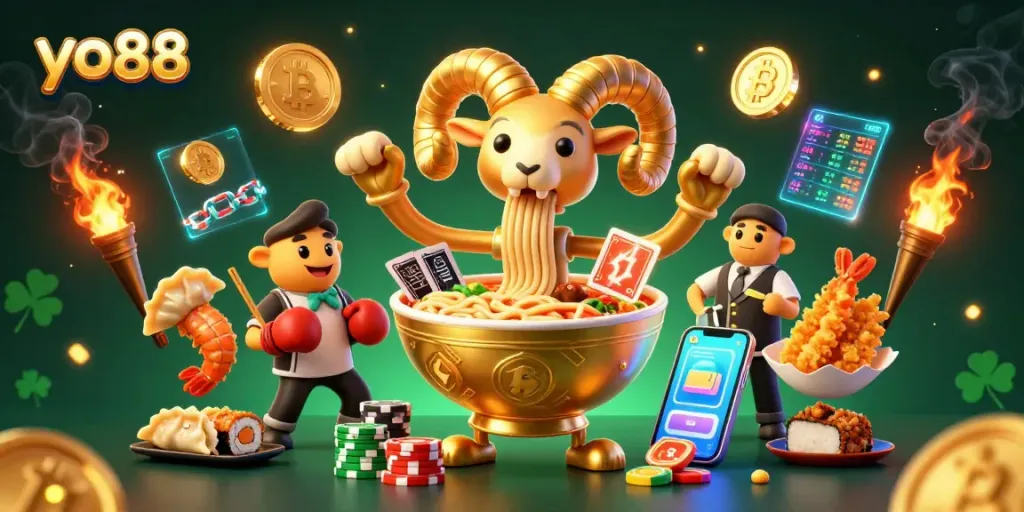 Engage with yo88 by dealing cards in vibrant 3D casino illustration featuring playful sushi and ramen characters.