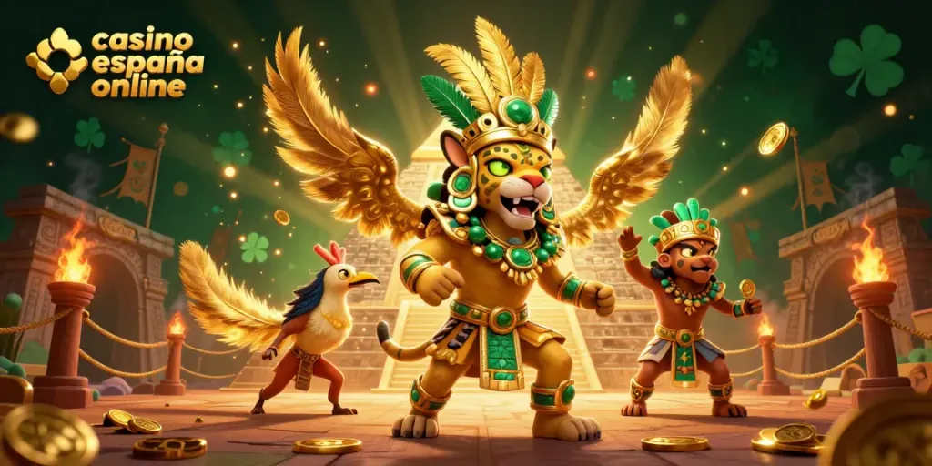 Impresionante ilustración 3D de casino españa online con un sacerdote jaguar y su compañero quetzal.