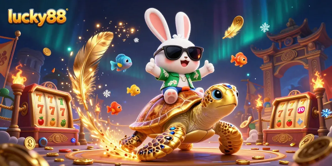 Spin to win with lucky88 in a vibrant 3D illustration of an adventurous rabbit and turtle.