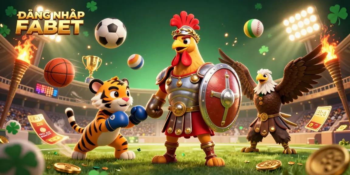 Bet on your luck with ĐĂNG NHẬP FABET in a dynamic casino scene featuring a rooster gladiator.