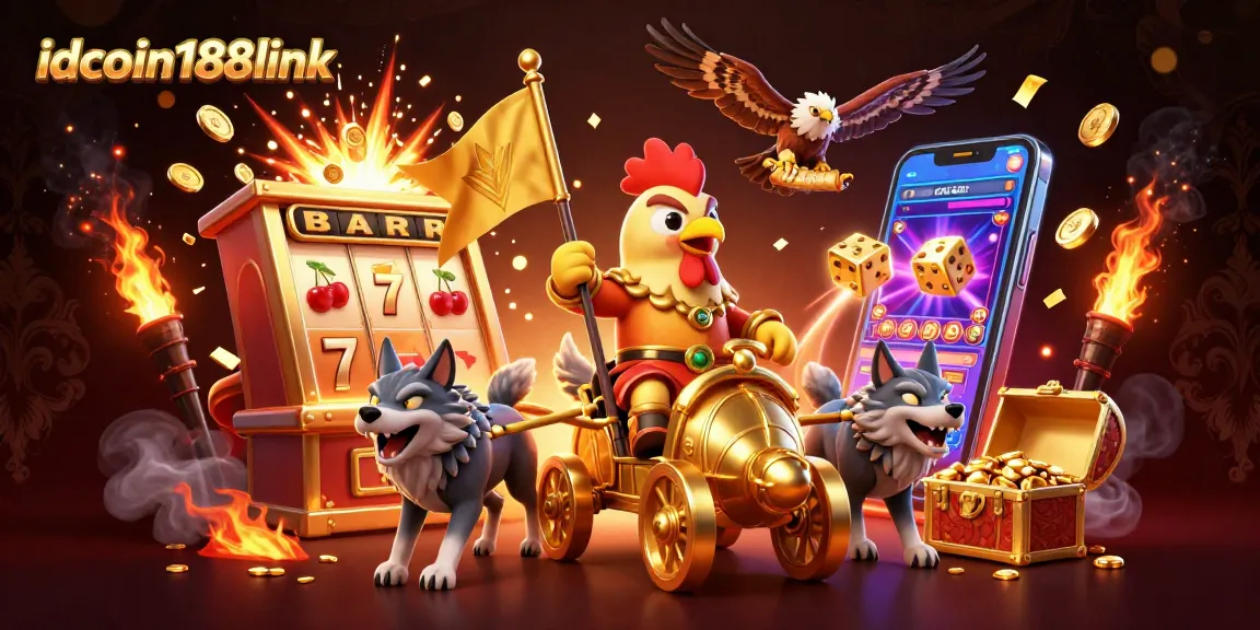 Spin to win big with idcoin188link's vibrant 3D casino illustration featuring jackpots and exciting game elements.