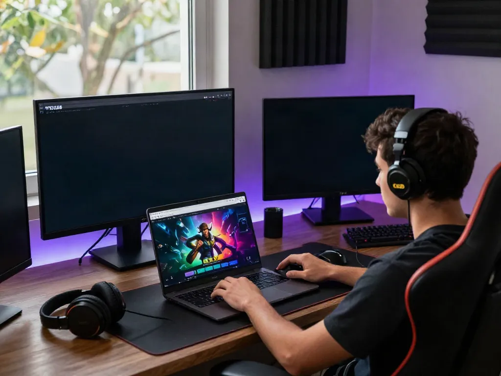 Engaged user enjoying gaming experience on HITCLUB platform with laptop and accessories