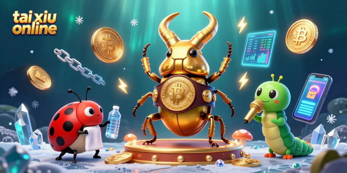 Engaging tai xiu online scene with a boxing beetle, ladybug assistant, and caterpillar announcer amidst dynamic digital coins.
