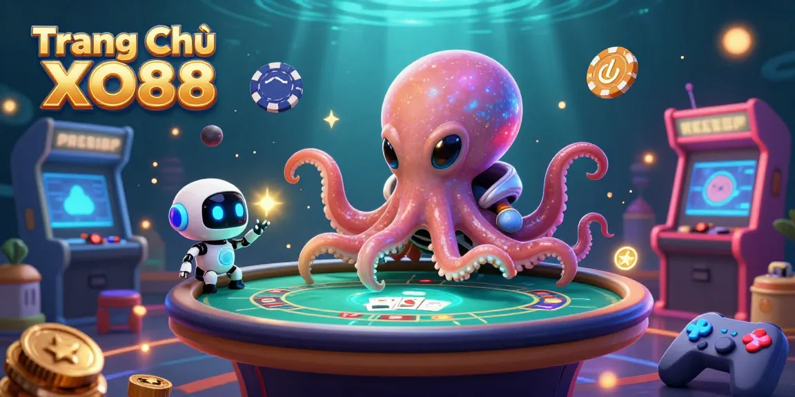 Experience the excitement of gambling at Trang Chủ XO88 with an alien octopus and holographic gaming elements.