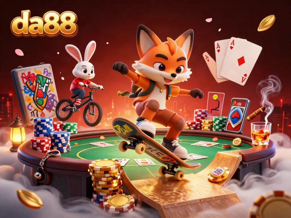 Experience thrilling gaming with da88, showcasing a dynamic scene of animated characters and vibrant casino elements.