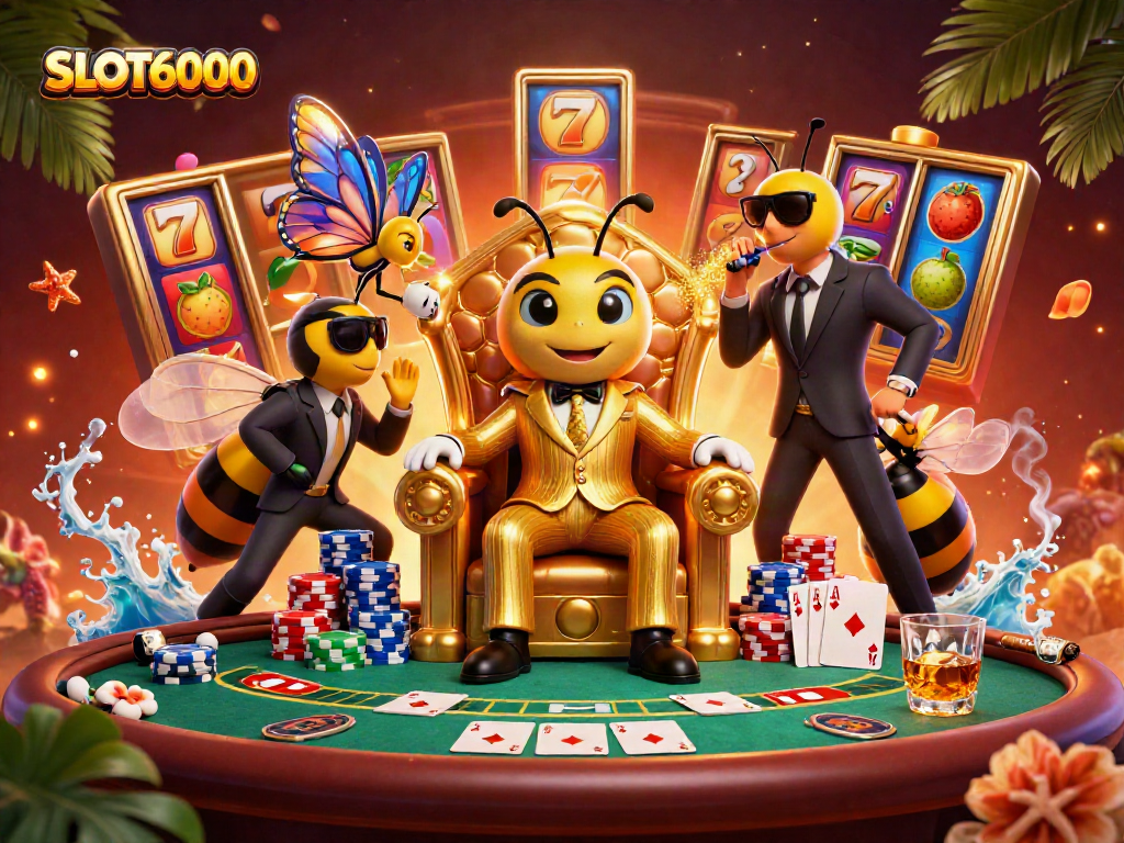 Experience SLOT6000 as the bumblebee mob boss reigns in a vibrant casino scene surrounded by dynamic slot elements.