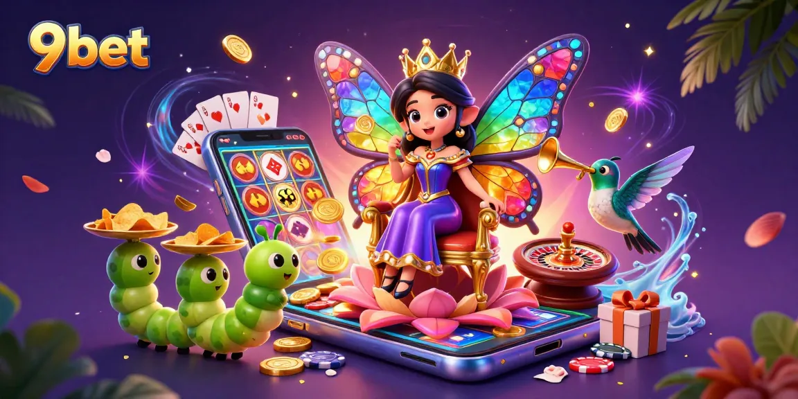 Engage with 9bet's vibrant 3D illustration featuring a butterfly queen and gambling elements.