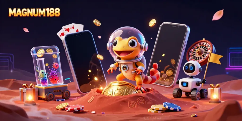 Engage with MAGNUM188's thrilling winnings in a vibrant, cosmic casino adventure scene.