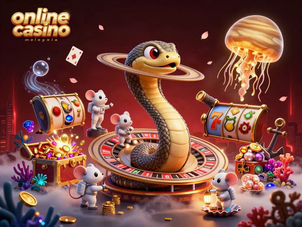 Engage in online casino malaysia with vibrant space-themed gaming illustration showcasing a casino scene.