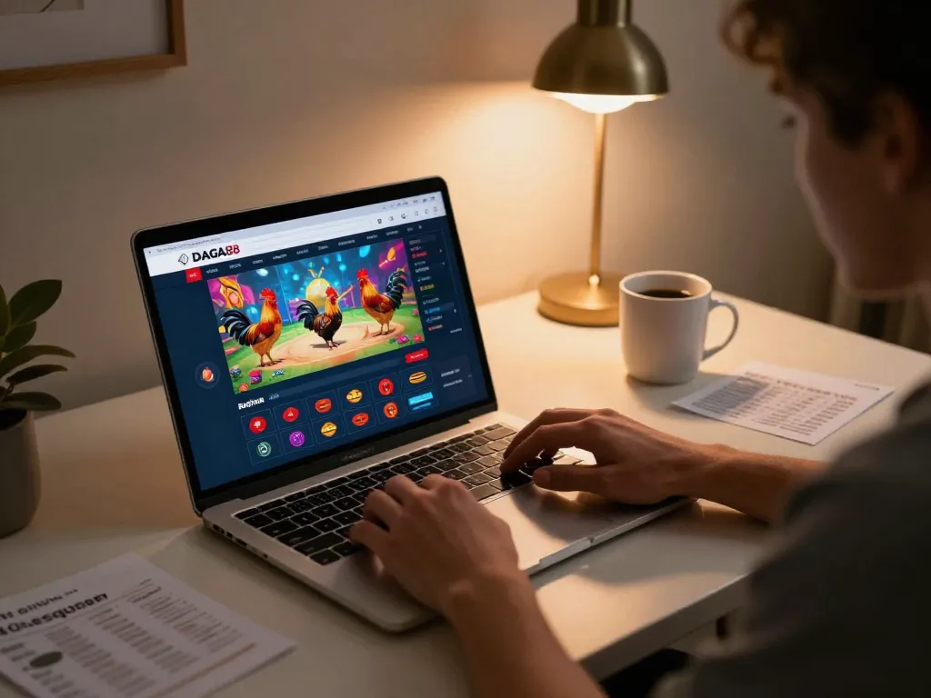 DAGA88 user engaged in live betting session from home, showcasing excitement and strategy in online gambling.