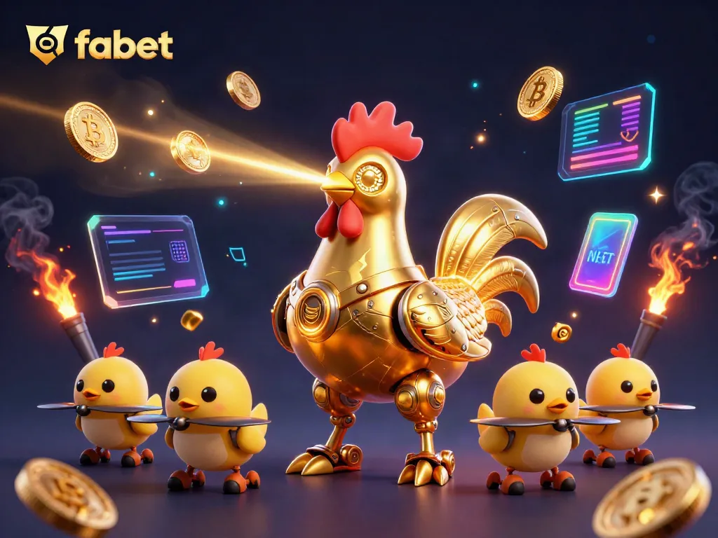 Join the fabet golden rooster robot and baby chick drones in a vibrant casino scene filled with crypto coins.