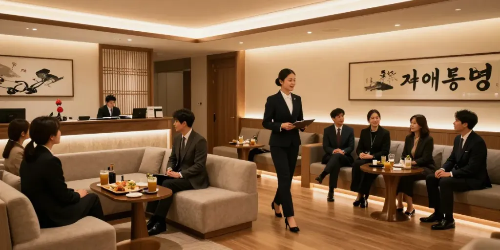 강남 타이밍의 고급스러운 유흥 공간, 전문 마담이 손님을 맞이하는 모습