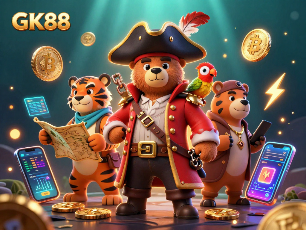 GK88 pirate bear captain leading the treasure hunt with Bitcoin and Ethereum coins amidst vibrant casino elements.