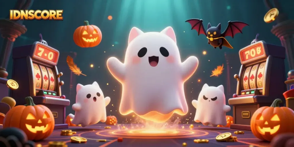 IDNSCORE showcases a friendly ghost cat and a bat beside glowing poker-themed jack-o-lanterns in a vibrant casino.